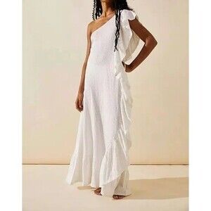 Free People Elisa Slub Cotton Maxi Dress Ruffled One Shoulder Dress Ivory Sz S